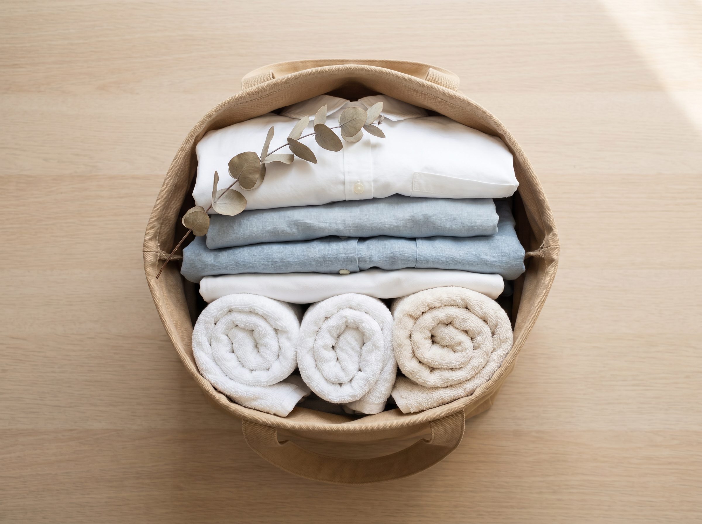 Neatly folded clean laundry in a canvas bag