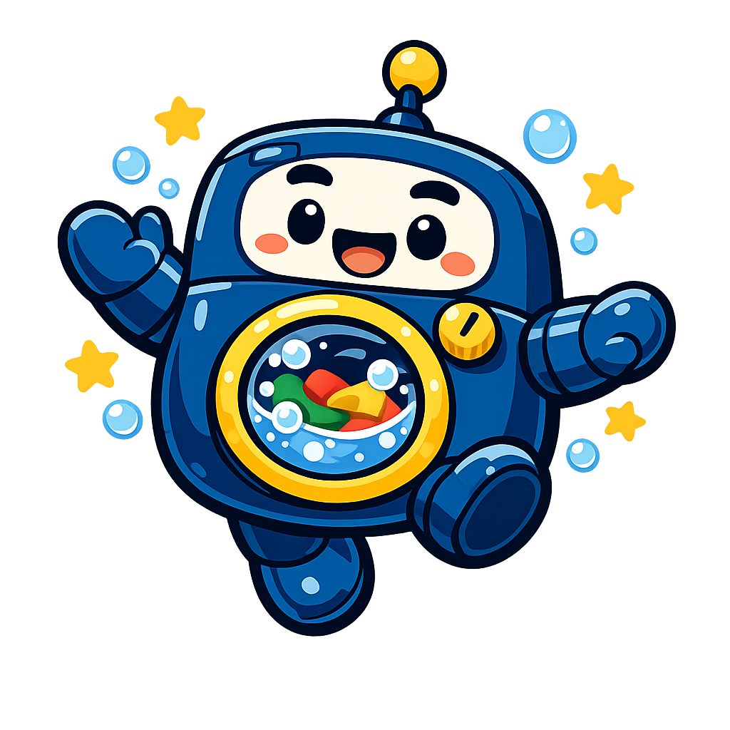 Washy, the Laundry Bot mascot, a friendly navy washing-machine robot waving hello surrounded by bubbles and stars