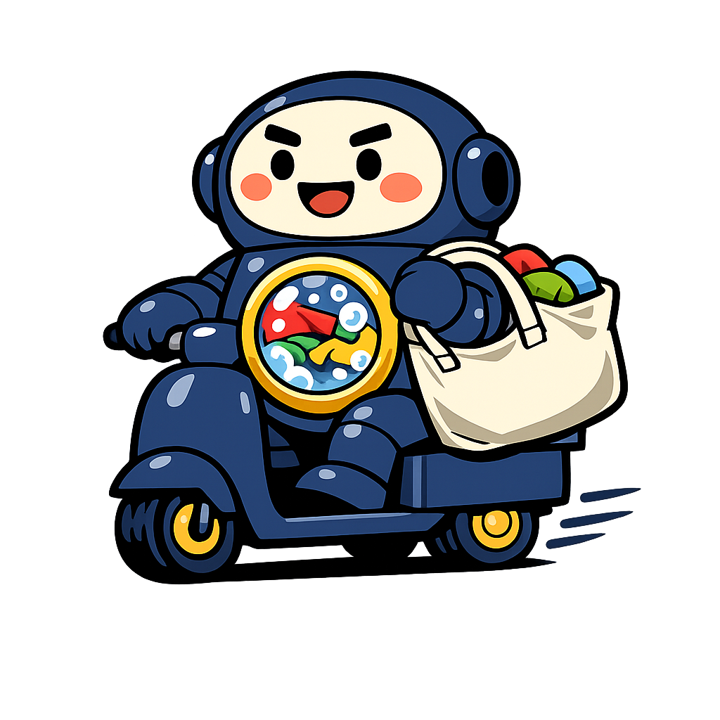 Washy the mascot riding a scooter with a laundry tote to collect an order