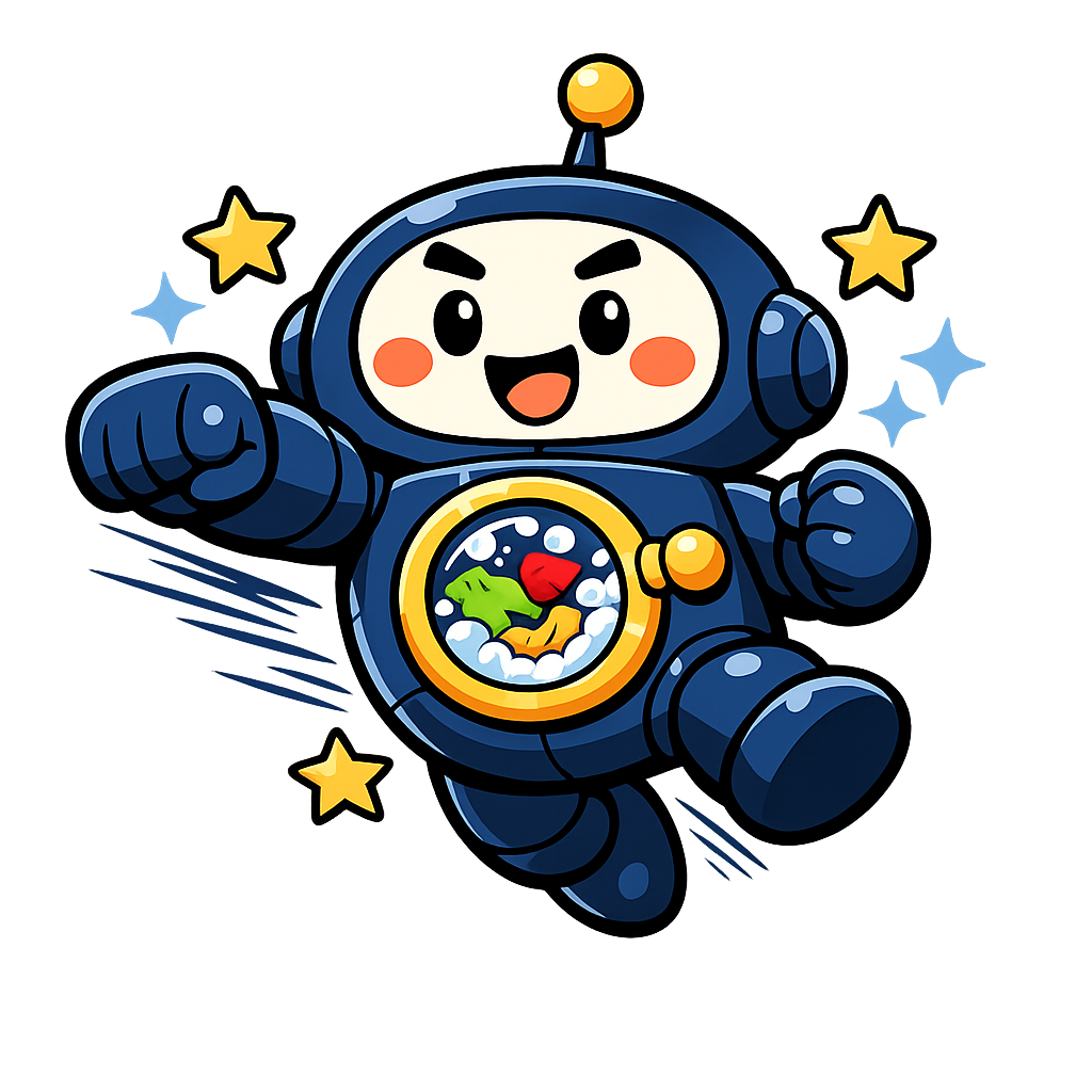 Washy the mascot mid-spin, clothes tumbling and bubbling inside its porthole