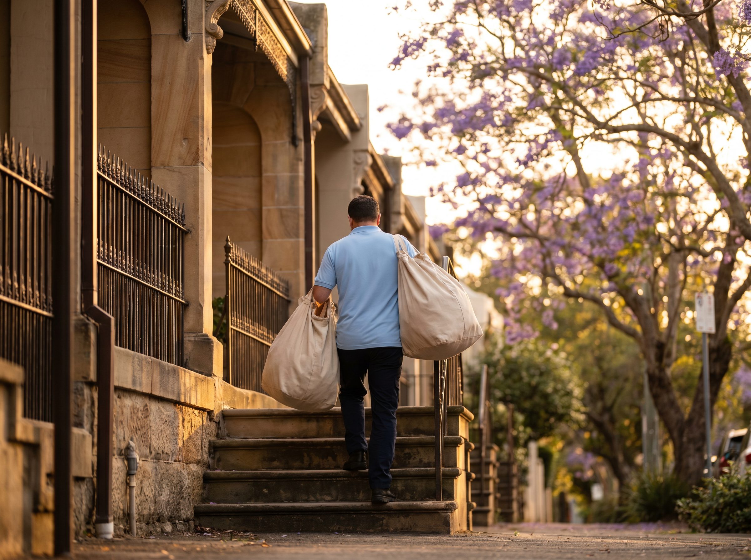 Laundry Bot courier delivering laundry bags to a terrace house doorstep